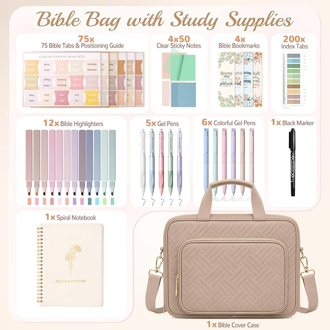 XKDOUS Bible Cover Case for Women, Quilted Large Bible Bag with Shoulder Strap, Bible Study Supplies with Highlighters, Tabs & Journaling Kit, Christian Gifts for Mom & Women (Khaki)