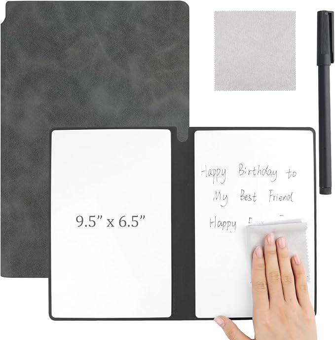 Reusable A5 Dry Erase Notebook Include a Wipeable Pen and Rag,9.5x6.5 Inch Erasable Notebook Whiteboard Notebook,Wipeable Notebook PU Hardcover for Office and Taking Notes(Black)
