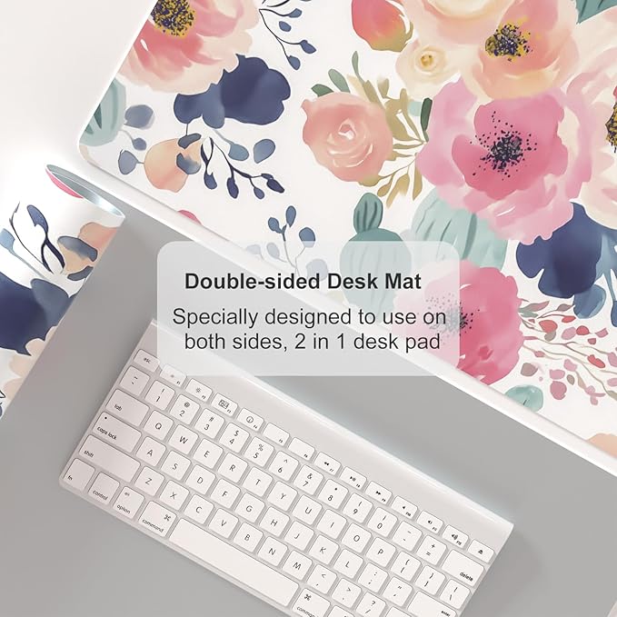 Colorful Star Large Mouse Pad, Pink Floral Desk Mat for Desktop, Women Girls PU Leather Waterproof Gaming Mousepad, Computer PC Laptop Protector Flowers Desk Pads for School Office Home 23.6" x 13.8"