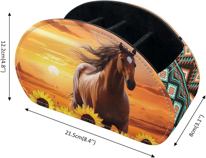 FUSURIRE Remote Control Holder, Sunset Horse PU Leather Organizer Box with 5 Compartments for Home Office Supplies, Remote Caddy Desktop Storage for Controllers, Media Player, Makeup Brush, Pen