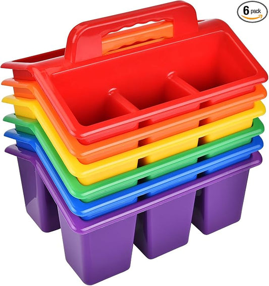 Haundry Classroom Caddy Storage Basket with Handle, 6 Pack Plastic Arts Office Crafts Caddy 4 Compartments for Kids, Pencil, Crayon, Marker, School Supplies, 6 Colors