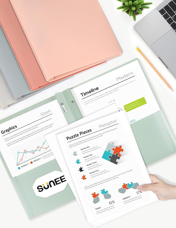 SUNEE Pocket Folders with Prongs(5 Pack, Vintage Colors) Recycled Plastic Folders with Pockets and Prongs Fit Letter Size, Poly Folders with Pockets for School Office Home