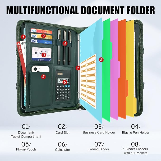 Portfolio Organizer - 3 Ring Binder with Zipper, Vegan Leather Business Padfolio Folder with Notepad Includes 5 Dividers with 10 Pockets for Documents Files for Men Women