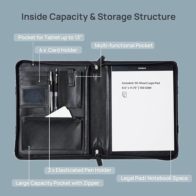 POPRUN Professional Zippered Portfolio Binder - Leather Padfolio Organizer with Notepad, Tablet Sleeve & Handles for Business, Meetings, Interviews, and Daily Office Use, Black