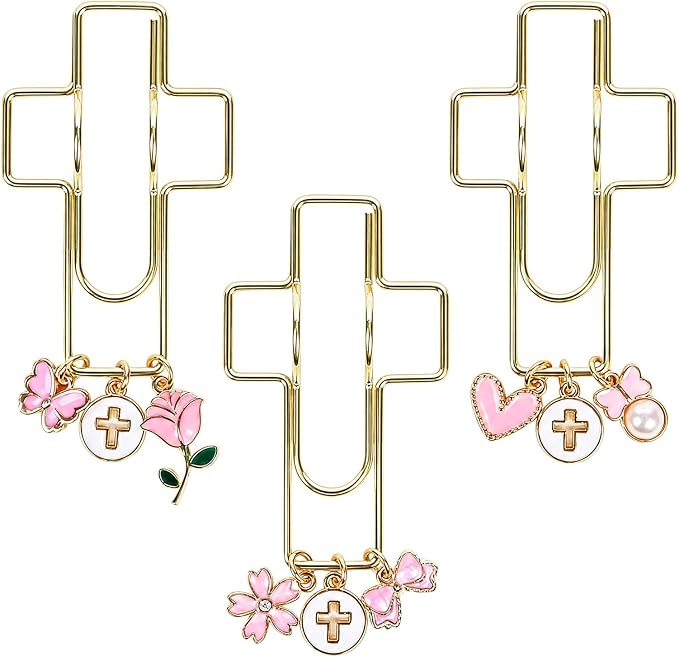 Wxiben Cross Paper Clip Bookmark - 3 Pcs Flower Bow Metal Paperclip Pen Holder Book Mark with Charms Page Marker Planner Decorative Paper Clips Gifts for Women Reading Book Lover School Accessories