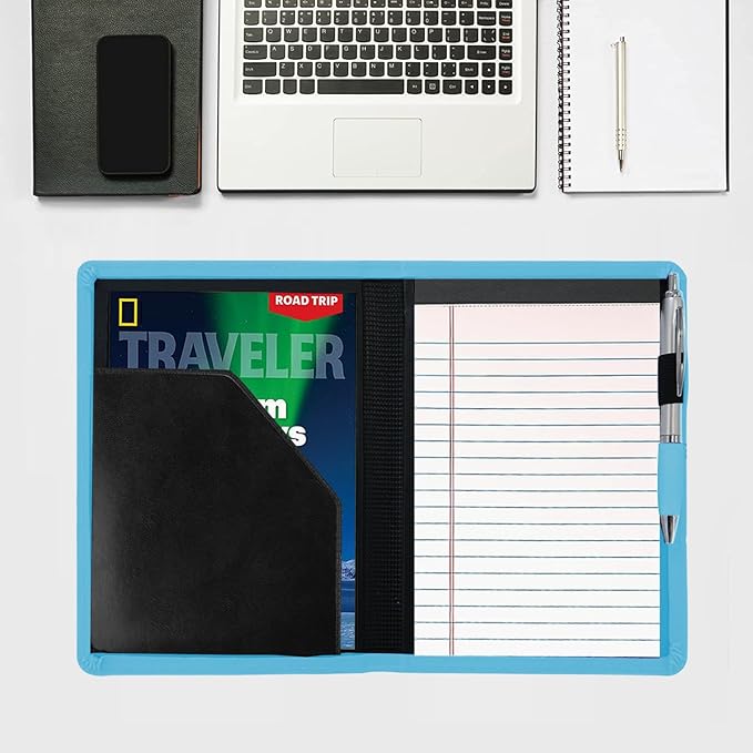 Classic Padfolio/Junior Portfolio Folder Case, Business A5 Binder Organizer Notepad for Men Women, 5 x 8 Writing Pad Included, Light Blue