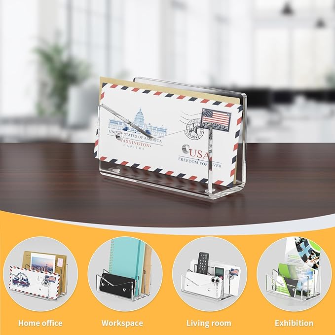 Mail Organizer Envelope Holder - Clear Acrylic Mail Holder Countertop Vertical Desk Organizer Small File Bill Document Notebook Letter Sorter for Home School Office Supplies