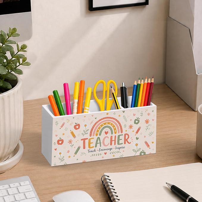 Teacher Gifts Pen Pencil Holder for Desk, Teachers Appreciation Gifts, Boho Rainbow Teach Encourage Inspire Wooden Pencil Holder Organizer Desk Accessories Decor for Home Office Desk Tabletop