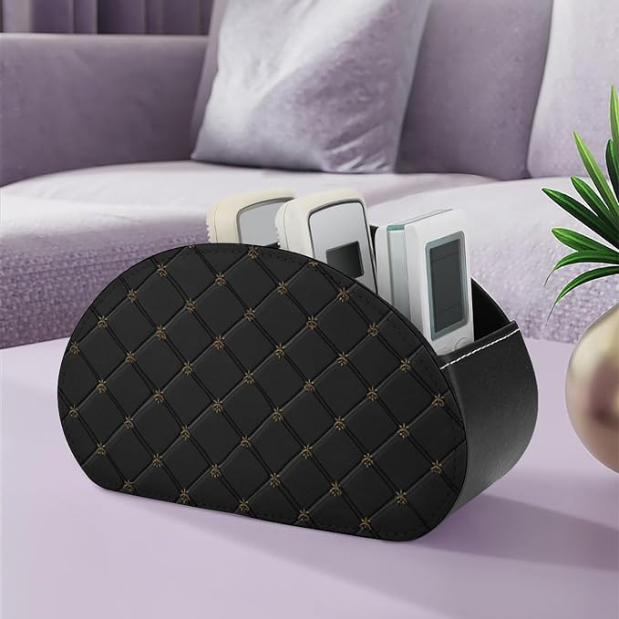 Embossed Black Leather Texture Remote Control Holder with 5 Compartments Leather TV Remote Caddy Remote Storage Box Desktop Organizer for Pen/TV Remotes/Media Controllers/Office Supplies