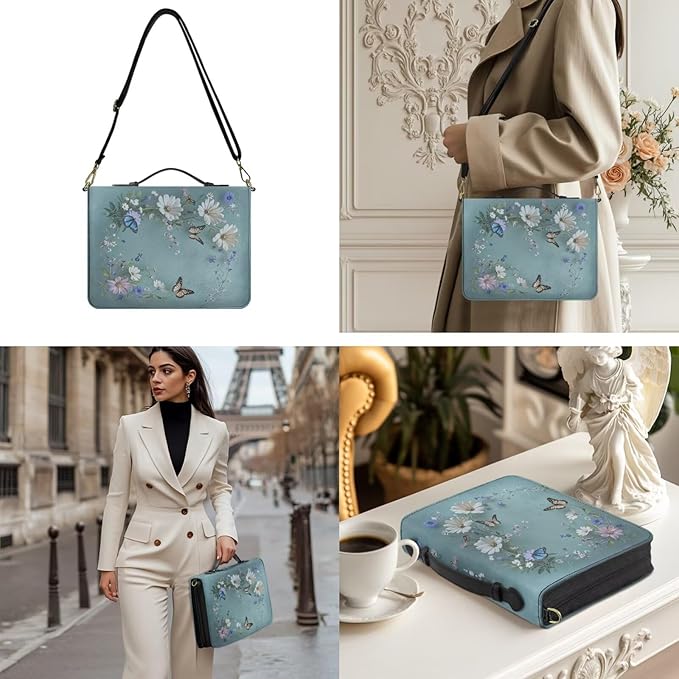 2XL Bible Bags for Women, Blue Bible Purse with Strap and Handle, Butterflies and Daisies Print PU Leather Book Holder with Inner Pockets and Pen Loop, Biblia Accessories Women
