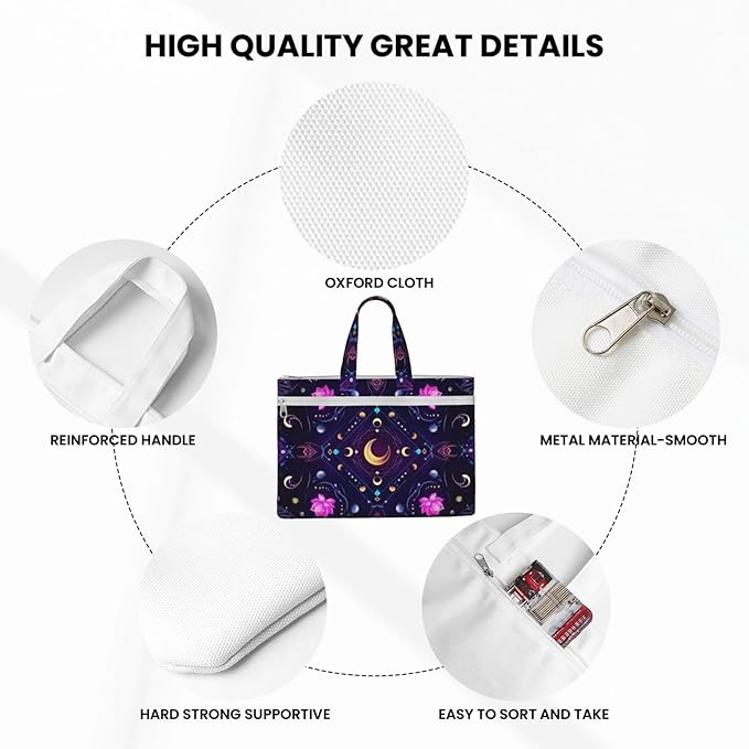 Double Pocket Canvas Waterproof Briefcase, Sacred Symbols Sun Moon Trippy Purple Art Portable Zipper File Organizer with Handle for Documents Storage
