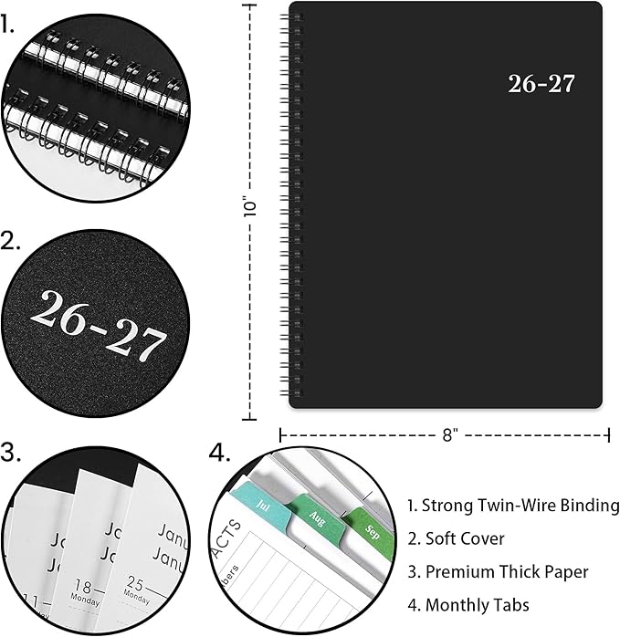 Planner 2026-2027 - July 2026 - June 2027 Calendar, 2026-2027 Planner Weekly and Monthly with Printed Tabs, 8" x 10", Flexible Cover, Twin-Wire Binding, Perfect Oganizer - Black