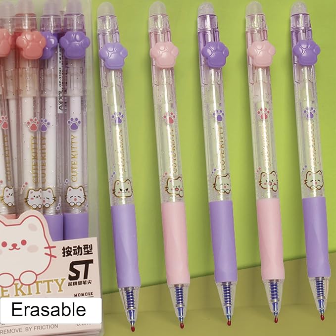 MOZXIRZ 8 Pcs Erasable Gel Ink Pens Retractable Erasable Pens Cute Cartoon Cat Pen 0.5mm Blue Ink Smooth Writing Aesthetic Pen for Women Office School Supplies (8Pcs Cat-Blue Ink)