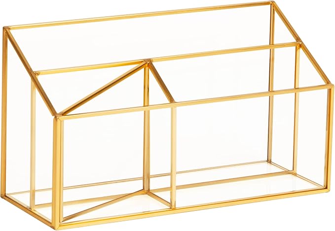 Mind Reader 4-Compartment Glass Desktop Organizer with Copper Trim, Angled Design for Office Supplies, Makeup & Accessories, Glass and Copper, Clear