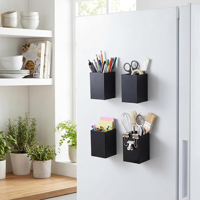 Affrolling 4 Pcs Classroom Magnetic Storage Boxes with Write Wipe Label Magnetic Storage Containers Plastics Pen Holder for Classroom Whiteboard Dry Erase Board Refrigerator Locker Organizer(Black)