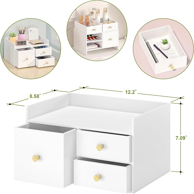 Bamboo Desk Organizer with Drawers Wooden Desktop Storage Drawers (1, White 3 Drawer)