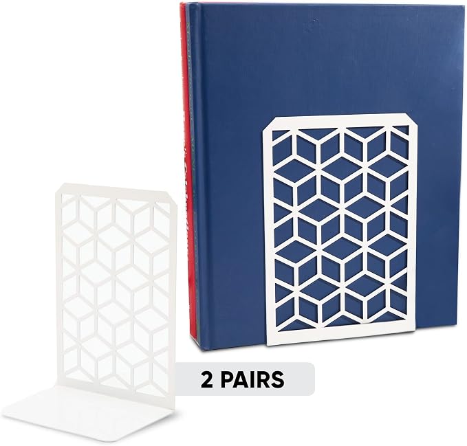 Geomod 3D Cube White Metal Bookends Decorative for Heavy Books - Sturdy Boho Book Stops - Minimal Book Shelf Stopper - Durable Office Bookends - Weighted Metal Book Holders - 7x4.75 Inches - 2 Pair