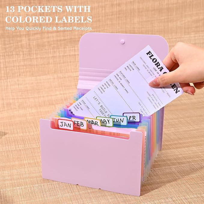 2Pcs Receipt Coupon Holder Organizer, 13 Pockets Small Accordian File Organizer, Expanding File Folder with Colorful Tabs, A6 Size for Cards, Check, Tickets, Monthly Bills Storage (Purple)