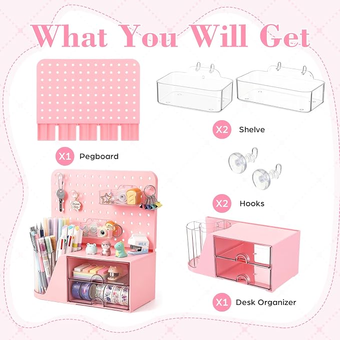 Novabright Desk Organizer with Drawers, Rotating Pen Holder with 5 Slots & Pegboard, Back to School & First Day of School Gifts, Multifunctional Desktop Storage for Desk Home Office Supplies(Pink)