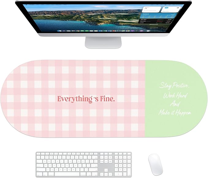 Checkered Pattern Desk Pad Protector, 35.5 x 13'' Aesthetic Mouse Mat for Desktop, Waterproof PU Leathe Non-Slip Desk Writing Pad for Office and Home, Pink and Green