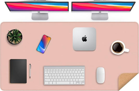 AFIING Cork Desk Mat 47" x 23.6", Dual-Sided Natural Cork & PU Leather Desk Pad, Non-Slip Waterproof Large Mouse Pad for Office, Home & Gaming (Pink)