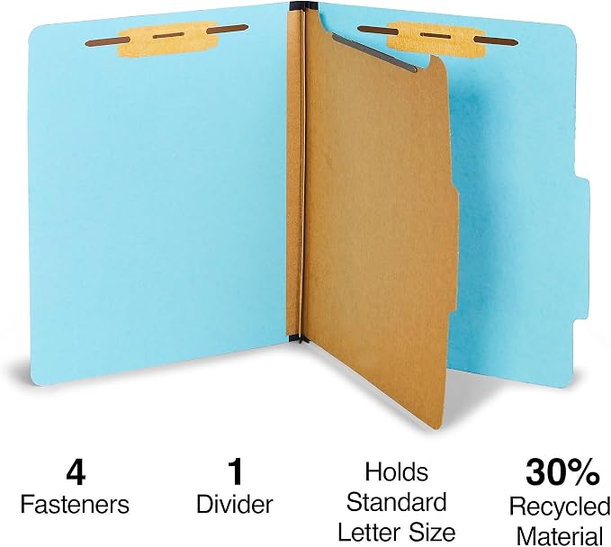 Staples Pressboard Classification Folder, Letter Size, 1 Divider, 2/5‑Cut Top Tab, Light Blue, Durable Construction, 20/Box