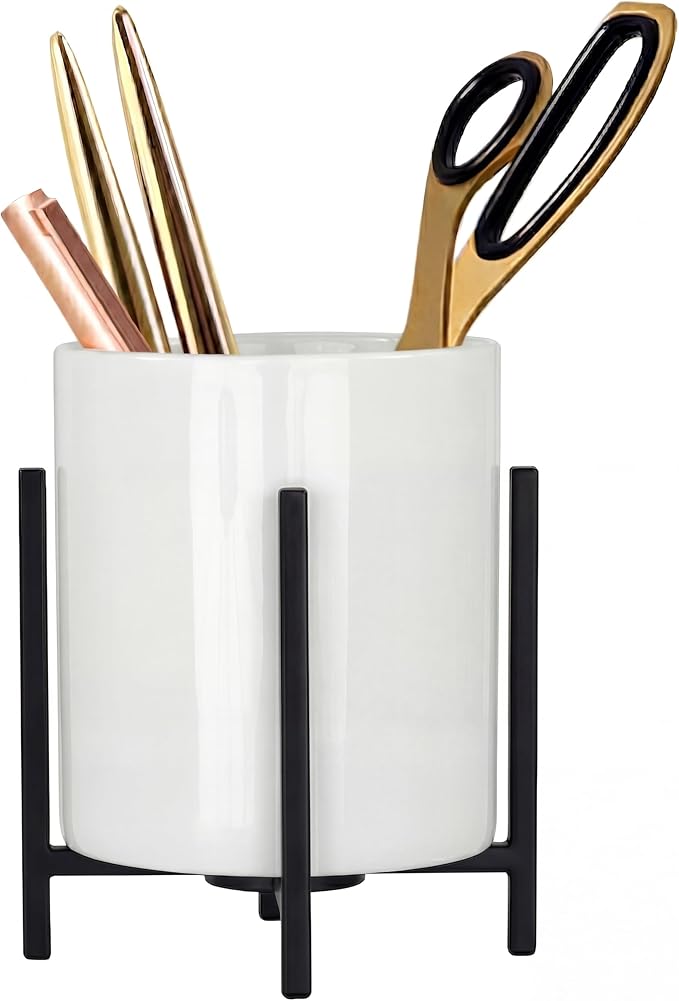 Durable Ceramic Pen Cup, Desk Ceramic Pencil Cup with Metal Legs, Black and White Pen Holder Cup for Office, Desk Decor for Women Girls