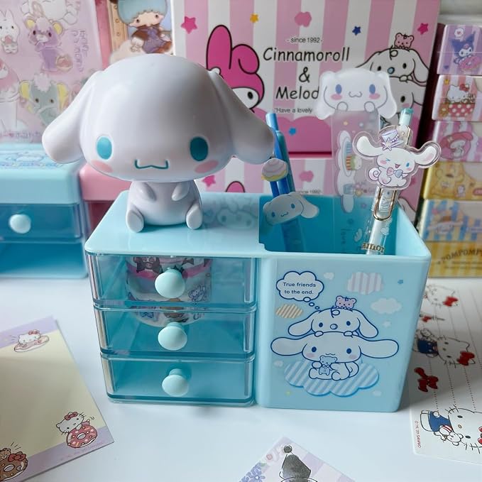Roffatide Anime Desktop Drawer Desk Cartoon Office Supplies Container Pen Holder for Desk Cute Pencil Cup Pot Makeup Brush Holder Mini Box Blue