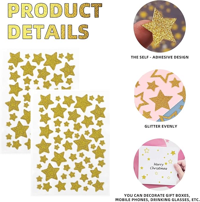 6 Sheets Glitter Star Stickers, Gold Small Stickers Silver Stars Stickers, Kids Crafts Christmas Card Making