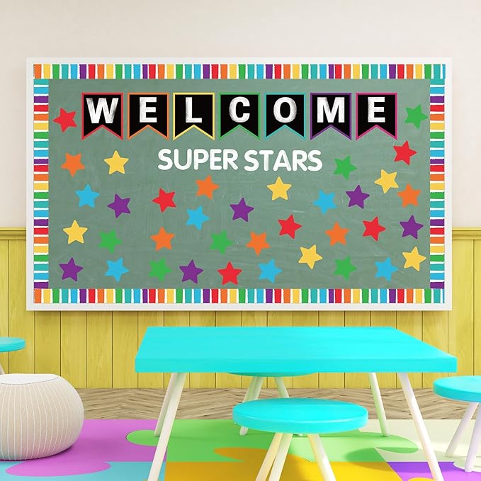 JarThenaAMCS 83Pcs Welcome Banner Bulletin Board Decoration Super Stars Paper Cutouts with 200Pcs Glue Points Colorful Bulletin Border Stickers for Back to School Office Home Decor