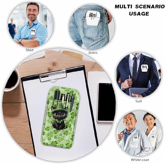 chaqlin Saint Patrick Black Cat Print Leather Pocket Protector, Portable Pocket Organizer Pen Pouch for Men Women Shirts, Lab Coats, Pants
