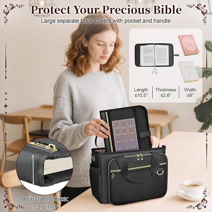 Large Bible Cover Case for Women, Bible Cover with Book Sleeve, Thick Padded Bible Case, Working Bible Tote Bag with Laptop and Bottle Pockets, Church Bag, Bible Bags for Women, Girl, Black