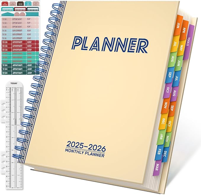 19 Months Planner, 2026 Weekly & Monthly Planner, 8.5"×11" Daily Weekly Monthly Calendar Planner, June 2025-Dec 2026 Organizers with Habit Tracker for School & Office, Colored Tabs, Stickers, Pocket, Ruler Bookmark-Beige
