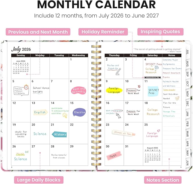 Planner 2026-2027, Monthly and Weekly Academic Planner July 2026 - June 2027, Hardcover Student Teacher Planning Agenda Calendar Book with Tabs, Perfect for Office School Supplies, A4 (8.5" x 11") - Songbird Bloom