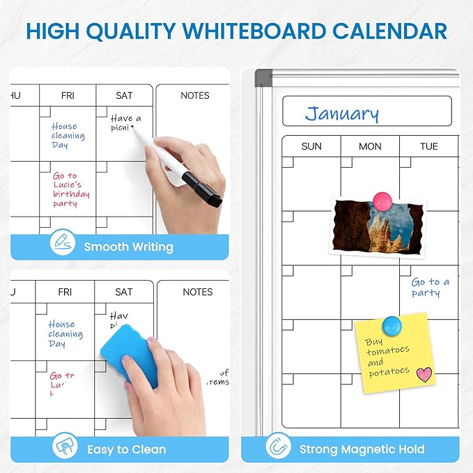 Monthly Calendar Dry Erase Whiteboard for Wall, 36" x 24" Double-Sided Calendar White Board, Magnetic Portable Board for Office, Kitchen, School, Home