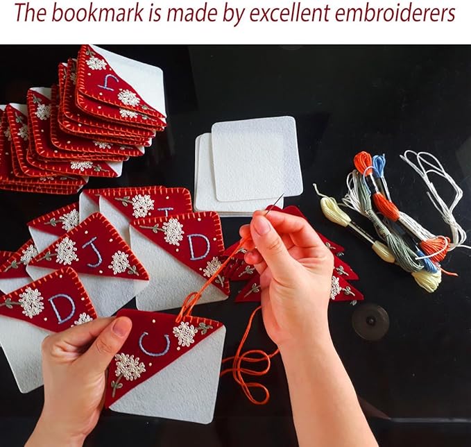 Personalized Hand Embroidered Corner Bookmark, Cute Flower Book Mark, Hand Stitch Gift for Women Book Lovers by HNQCPCVU (E, RED)
