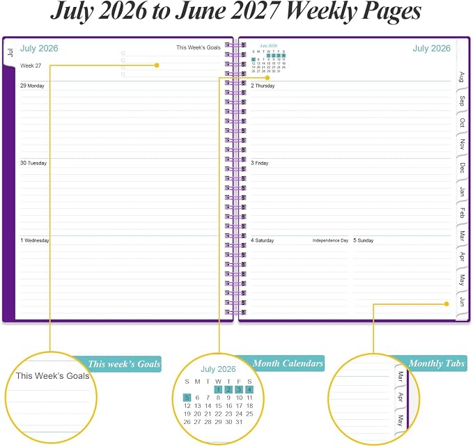 2026-2027 Planner - Planner 2026-2027 from July 2026 to June 2027 with 12 Monthly Tabs, Flexible Cover, Inner Pocket, 8.5" x 11", Purple-B