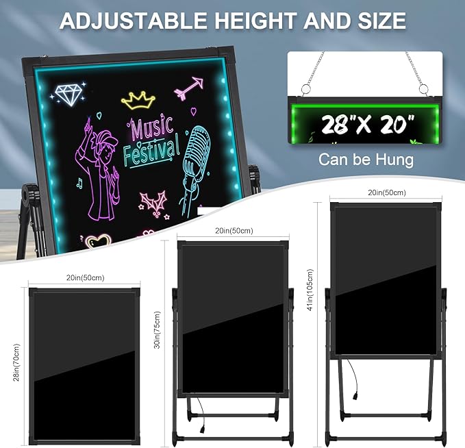 LED Message Board, 28"x20" Flashing Neon Effect & Remote Control, Illuminated Erasable Signage Board for Restaurants/Bars/Cafes, Includes 8 Fluorescent Chalk Markers