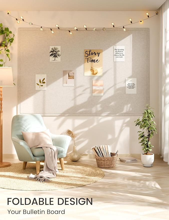 Fluxynara Large Bulletin Board, 70.8" x 47.2" Cork Board Alternative with 48 Safe Removable Adhesive Tabs, Foldable Felt Pin Board for Home Office, Classroom, Bedroom,Entryway for Walls—Oatmeal