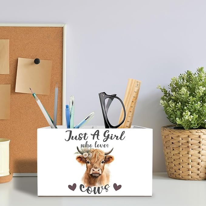 Floral Highland Cow Pen Holder for Desk, Highland Cow Gifts for Women Pencil Organizer, Just a Girl Who Loves Cows Wooden Box Sign Desk Decor for Home Office Decoration