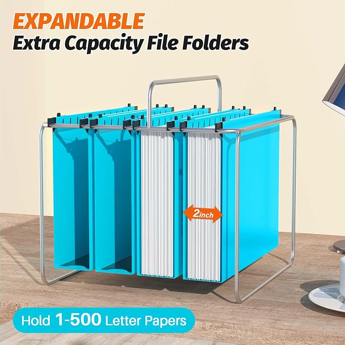 Shutex Extra Capacity Plastic Hanging File Folders,12 Pack Reinforced Hang Folders,Heavy Duty 2 Inch Expansion,Plastic Filing Cabinet Folders,Letter Size,Designed for Bulk Files, Medical Charts,Blue