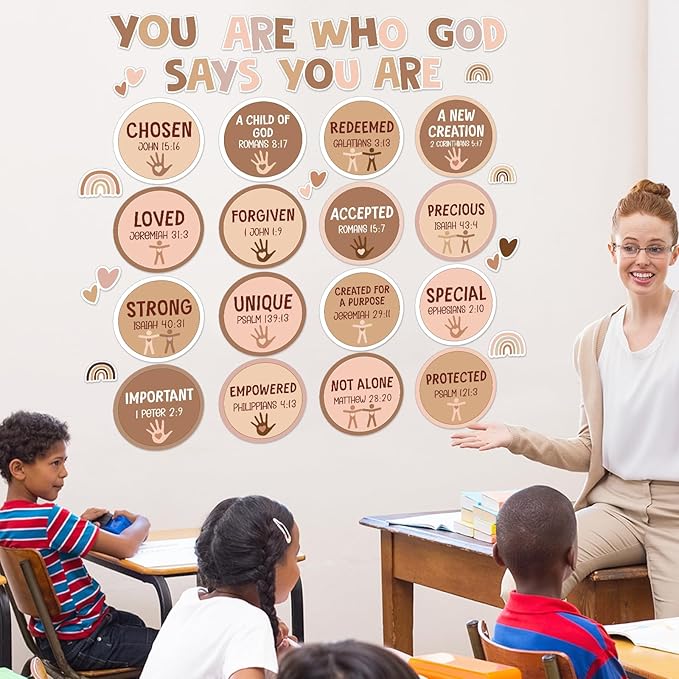 Qyeahkj Christian Bulletin Board Decoration Inspirational Diversity Bulletin Board Set Boho Rainbow God Says You Are Cutouts Motivational Religious Classroom Wall Decor for School Home Church Supplies