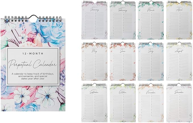 Perpetual Floral Wall Calendar for Birthdays and Anniversaries -12 Months - Dates to Remember Book - Journal for Important & Special Days - Wall Hanging Date Organizer 6 x 9 inches