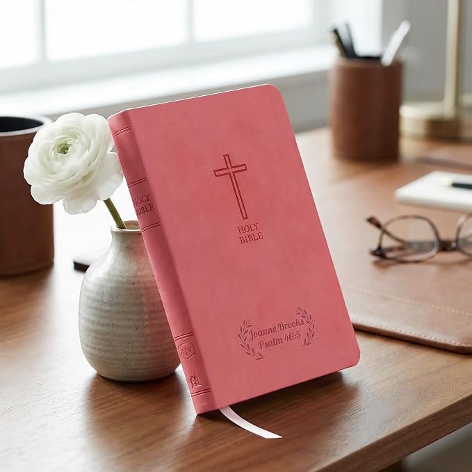 Printualist Personalized KJV Value Thinline Holy Bible with Name Engraved, Red Letter King James Version, Faux Leather Pink Cover, Custom Gift Bible for Christian Celebrations