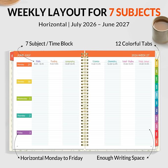 SUNEE Teacher Planner 2026-2027 Academic Year, Lite Lesson Planner Book with 7 Periods Jul 2026 - Jun 2027, 8.5"x11" Daily Weekly and Monthly Organizers, Plan Book with Pocket, Tabs, Floral Stripes