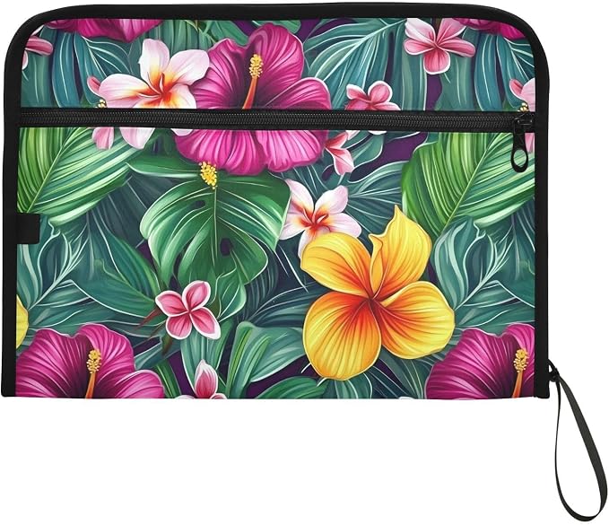 13 Pockets Expanding File Folder Hawaii Floral Palm Leaves Accordion File Organizer A4 Letter Size Paper Document Storage Zipper Expandable Folders with Labels