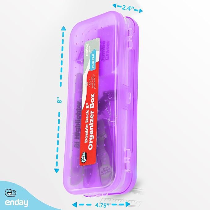 Enday Pencil Box Purple, Plastic Double Deck Pencil Case with 7 Compartments, Box Organizer with Snap Closure for Home and Office