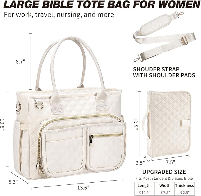 KOPKOFT Large Bible Cover Case for Women, Quilted Church Tote Bag with Shoulder Strap, Bible Study Supplies Journaling Kit Bible Accessories, Christmas Christian Gift for Women (Beige)