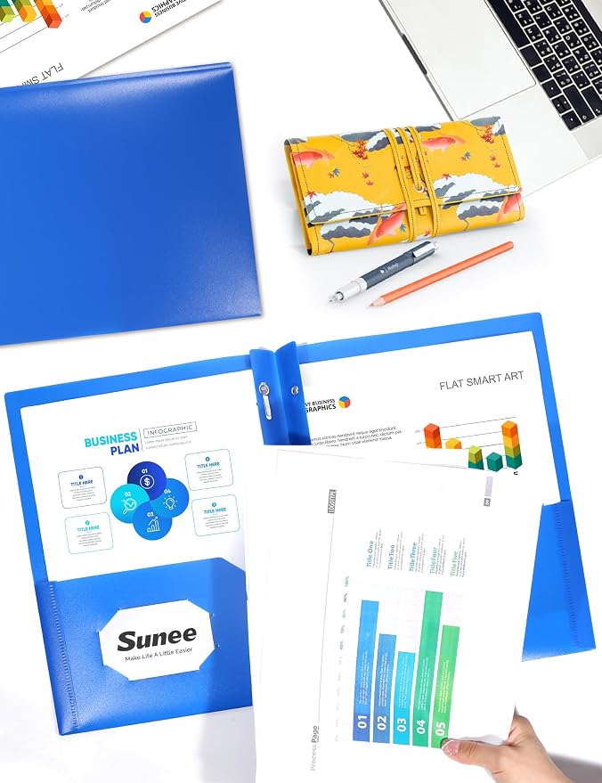 SUNEE 3 Pack Blue Plastic Folders with Pockets and Prongs, Letter Size, 9 x 11.5 in