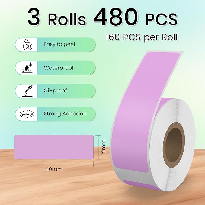 480 PCS D30 Label Maker Tape 0.47" × 1.57" (12 × 40 mm) Vinyl Waterproof Thermal Stickers Self-Adhesive Decals for Retail Office Home School Purple